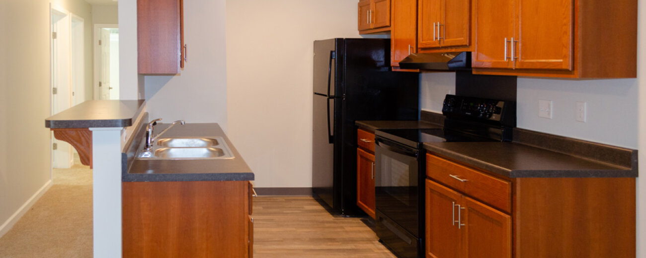 Kitchen of a three-bedroom apartment at CreekView Apartments.