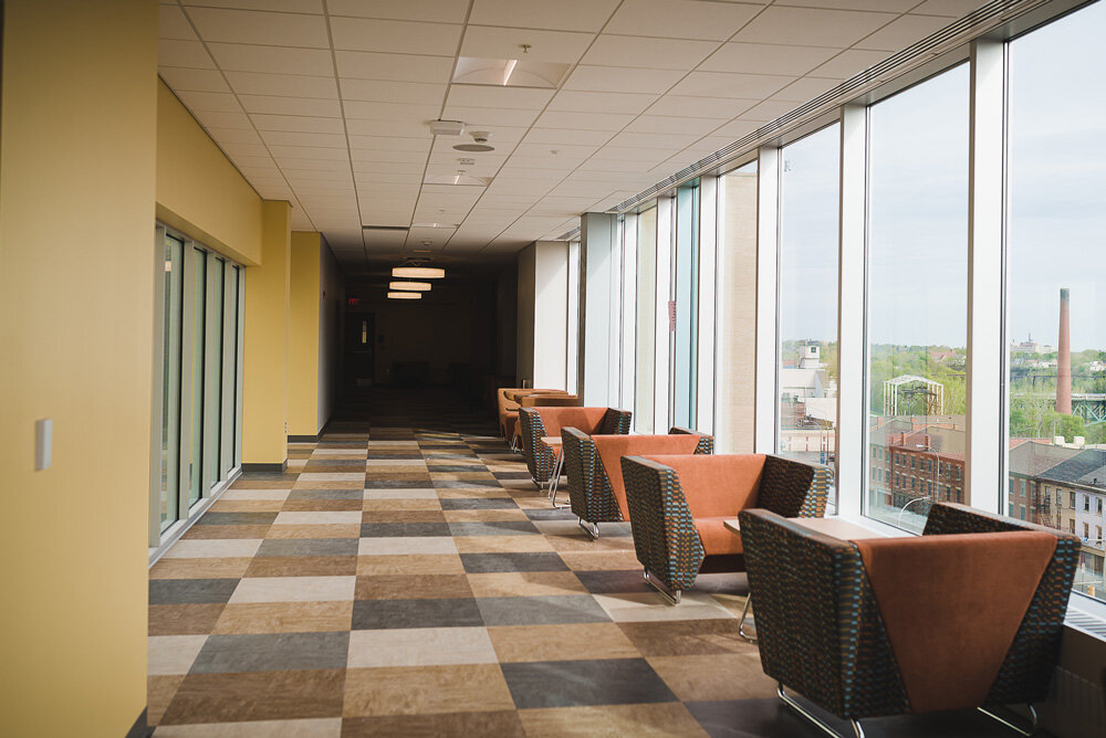 MCC Downtown Campus sitting area with view of downtown